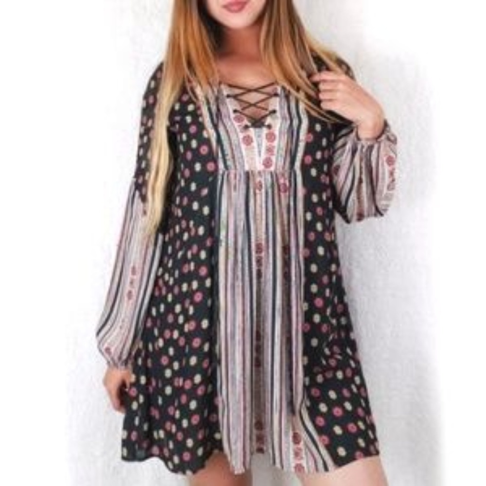 Free People Floral Stripe Boho Peasant Dress XS